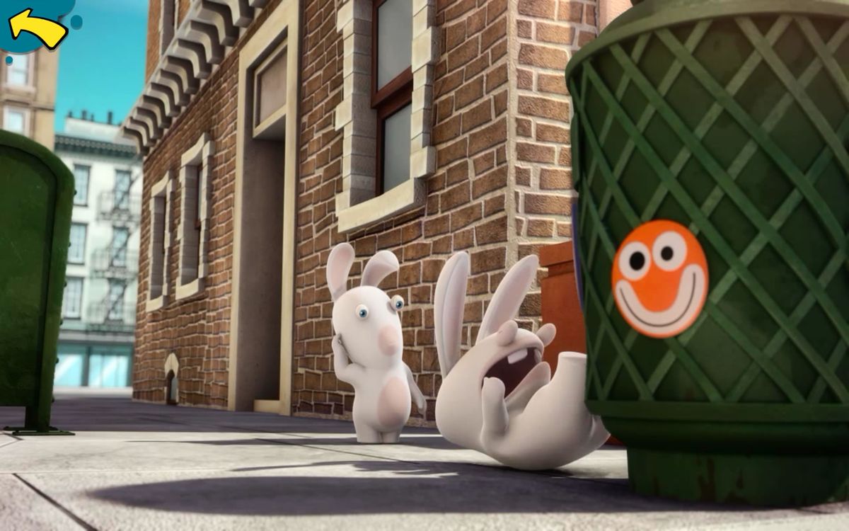Rabbids Appisodes (Android) screenshot: A rabbid bumps into a garbage can.