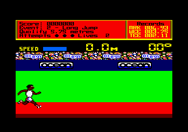 Daley Thompson's Decathlon (Amstrad CPC) screenshot: Starting the long jump.