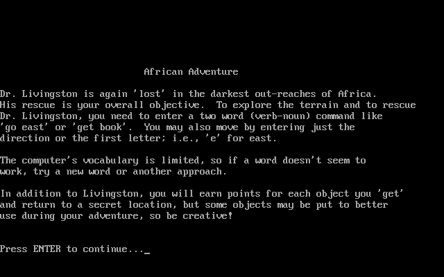 African Adventure (DOS) screenshot: The story so far...