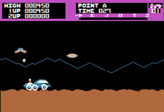 Moon Patrol (Apple II) screenshot: Under attack!!