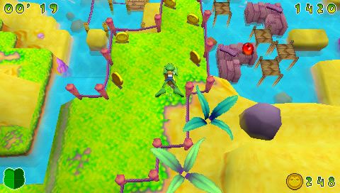 Frogger: Helmet Chaos (PSP) screenshot: Watch out for slides that lead to water.