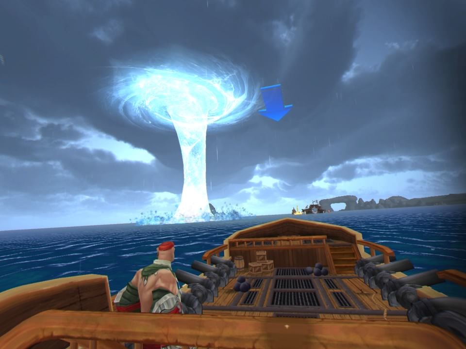 Heroes of the Seven Seas (PlayStation 4) screenshot: Sailing past a tornado (VR mode)