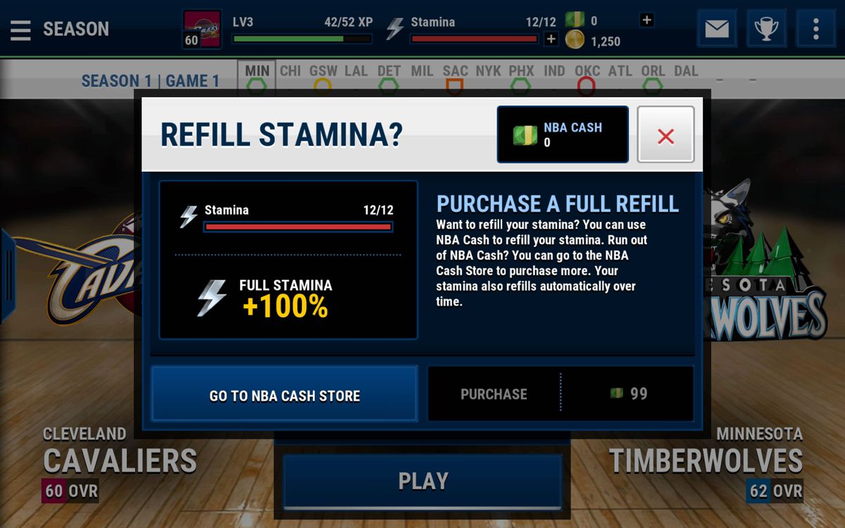 NBA Live: Mobile (Android) screenshot: Stamina refill options