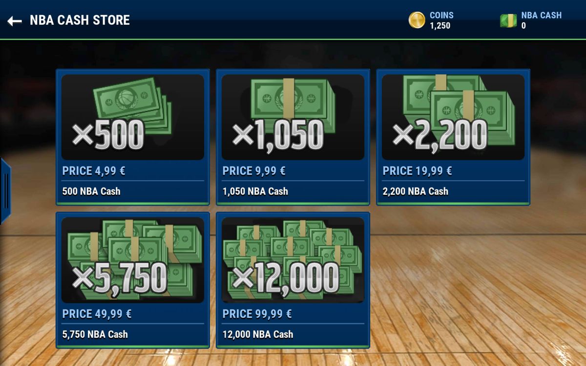 NBA Live: Mobile (Android) screenshot: NBA cash as the premium currency