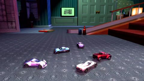 Pocket Racers (PSP) screenshot: They are transformed into pocket cars.