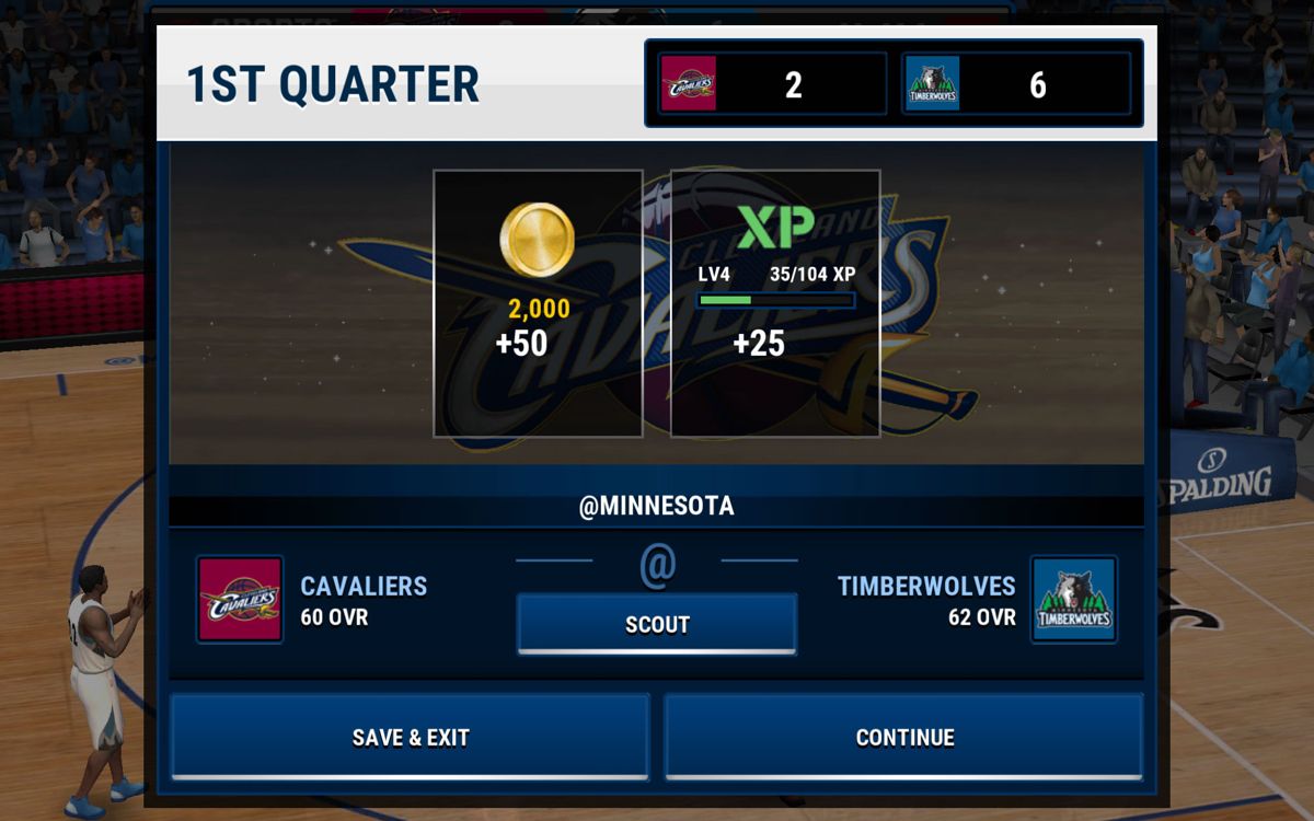 NBA Live: Mobile (Android) screenshot: Rewards after completing the 1st quarter