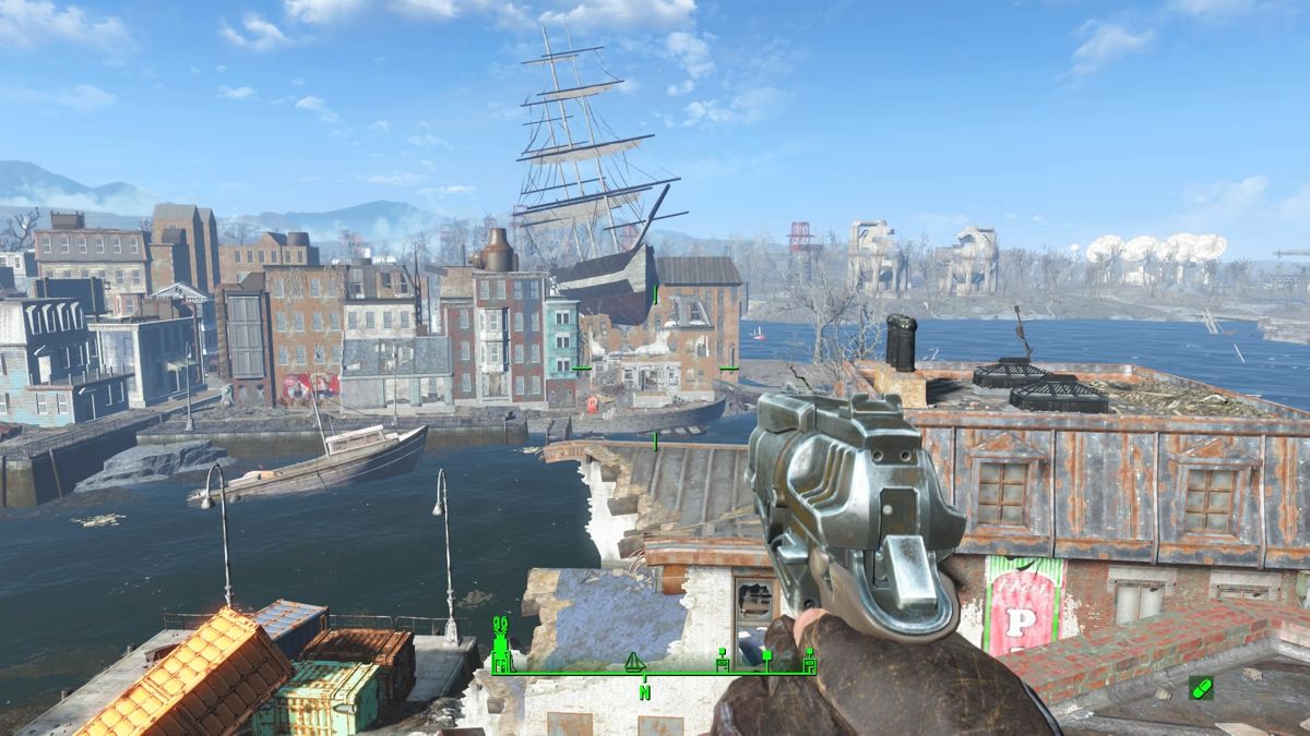 Fallout 4 (PlayStation 4) screenshot: However did that galleon end up on top of the city buildings
