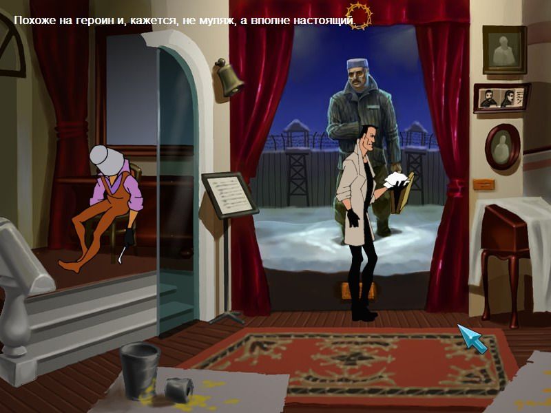 Agent: Osoboe zadanie (Windows) screenshot: Getting the heroin from a suitcase of a wax statue after the elimination of security (Russian version).