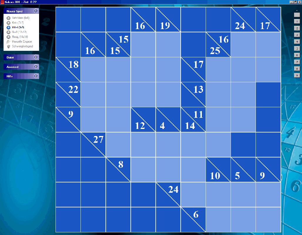 Kakuro XXL (Windows) screenshot: A randomly generated puzzle in medium size (demo version)