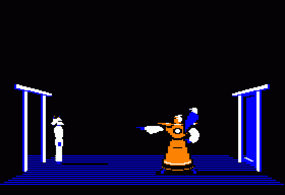 Karateka (Apple II) screenshot: Akuma orders his henchmen to take care of you.