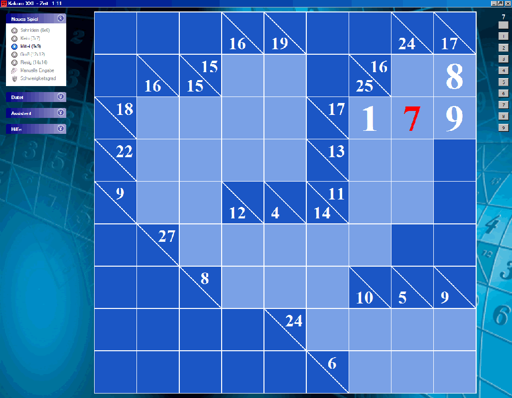 Kakuro XXL (Windows) screenshot: When the player tries to fill in an impossible digit the contradictory digit blinks red (demo version)