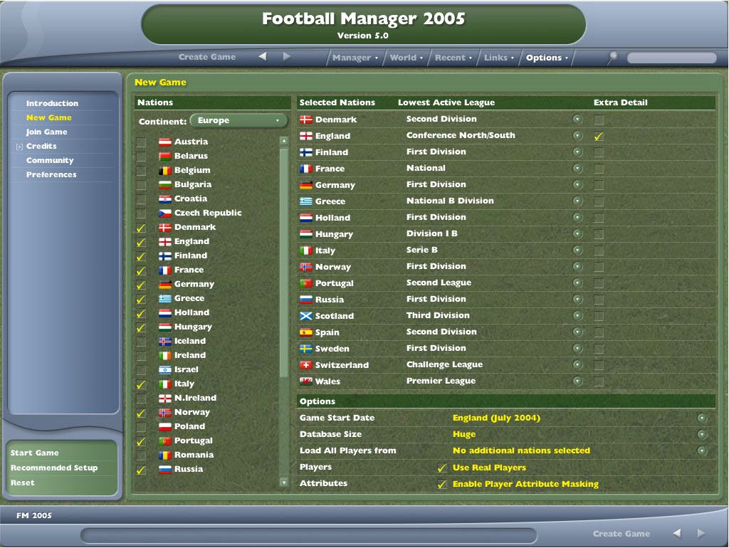 Worldwide Soccer Manager 2005 (Windows) screenshot: Starting a new game.