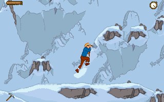 Tintin in Tibet (DOS) screenshot: Use the pick axe to grab on to ice.