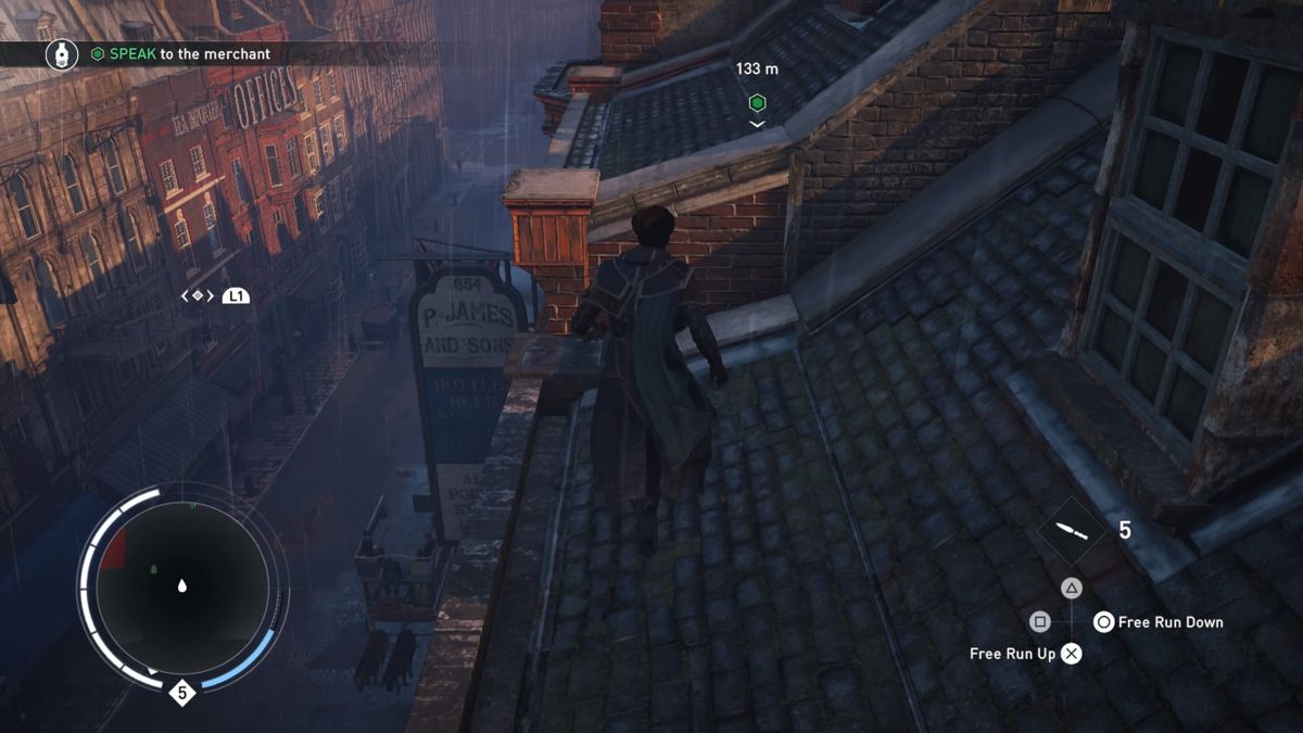 Assassin's Creed: Syndicate - Runaway Train (PlayStation 4) screenshot: Moving over the rooftops is often faster than dashing through the streets