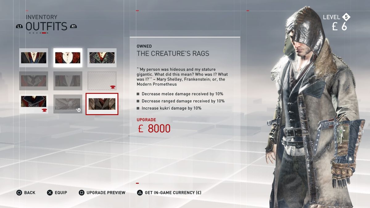 Assassin's Creed: Syndicate - Victorian Legends Outfit for Jacob (PlayStation 4) screenshot: Outfit inventory