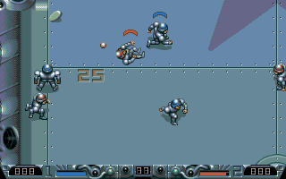Speedball 2: Brutal Deluxe (Amiga) screenshot: If enemy player touches red ball, he's knocked out