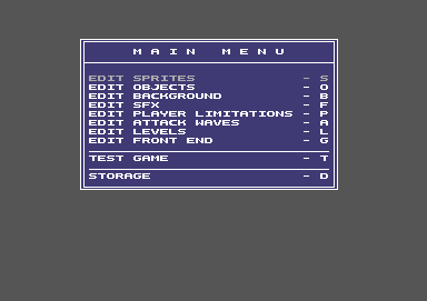 Shoot 'em up Construction Kit (Commodore 64) screenshot: Main menu
