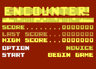 Encounter! (Atari 8-bit) screenshot: Title screen and main menu (USA release)