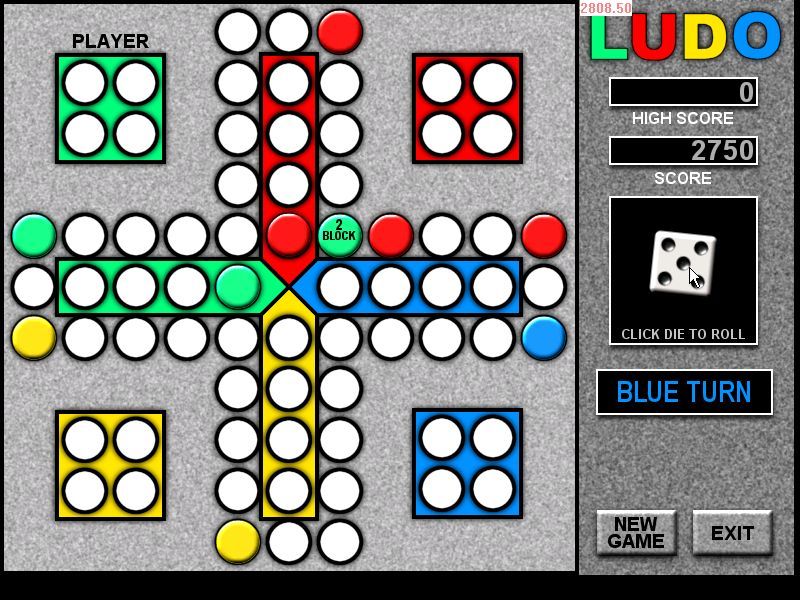 Ludo (Windows) screenshot: A game in progress, here the green player has set up a two token block that other player's cannot pass<br>The score shown is the human player's score