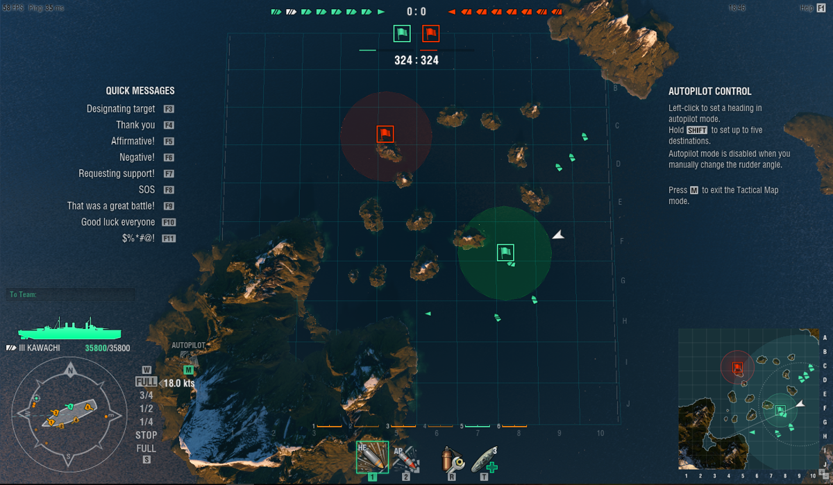 World of Warships (Windows) screenshot: The minimap is not always as useful. Thankfully we have the full map through which we can set the autopilot.