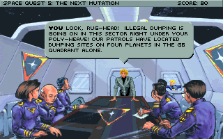Space Quest V: The Next Mutation (DOS) screenshot: This funny little scene gives us an impression of what Beatrice thinks about Quirk.