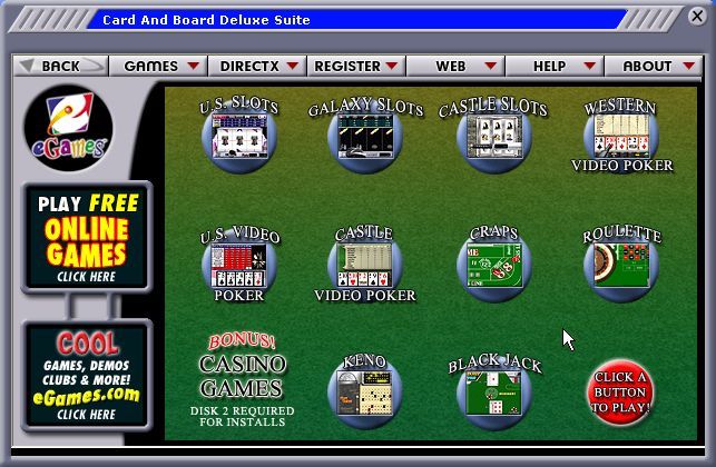 Deluxe Suite: Card & Board Games (Windows) screenshot: The Bonus Casino Games menu