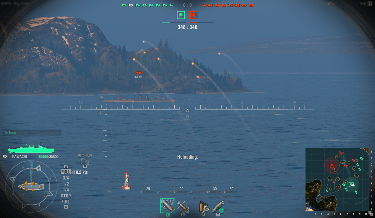 World of Warships (Windows) screenshot: Let's shoot him. Don't forget to calculate in the movement of the enemy ship and yours.