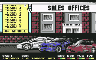 Super Cars (Commodore 64) screenshot: Track selection