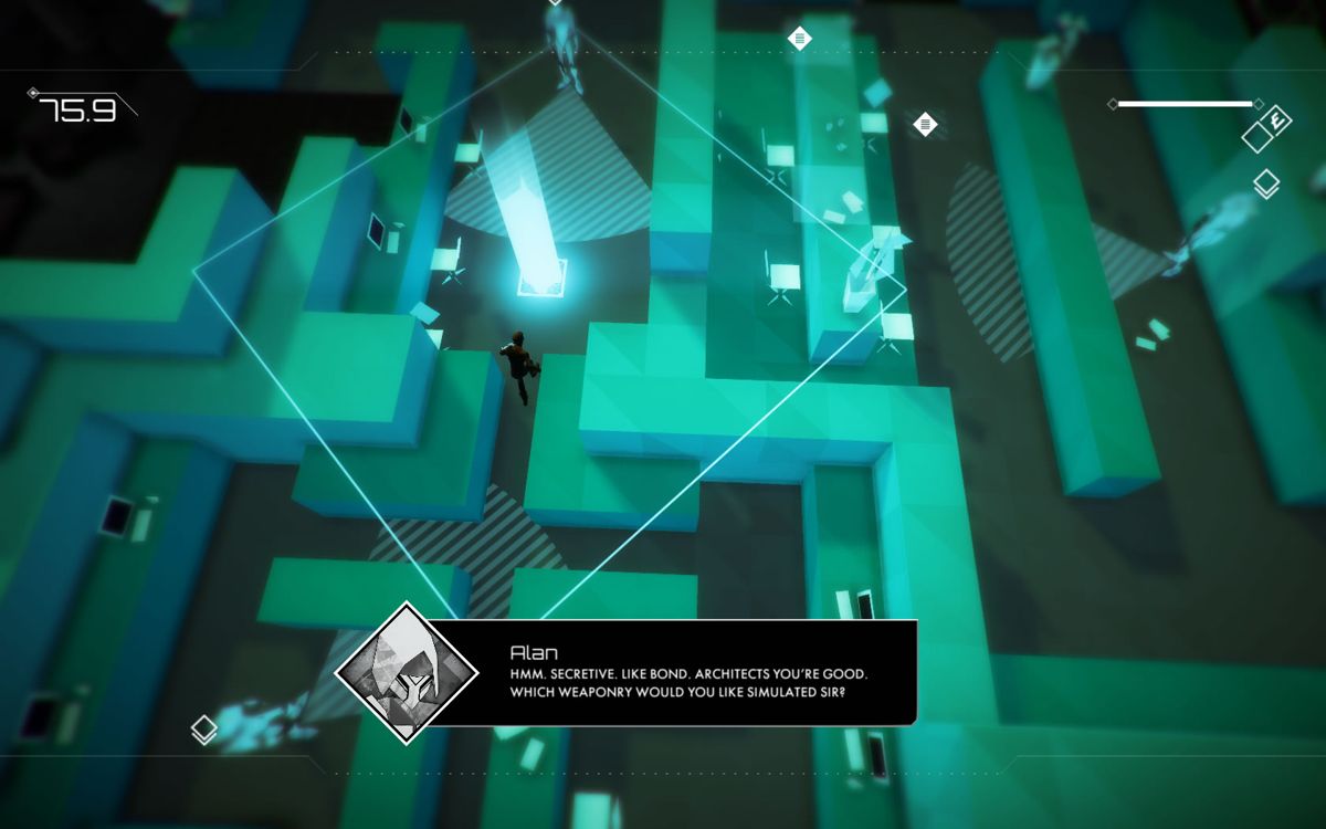 Volume (Windows) screenshot: After picking up all the games, the exit opens up as a bright pillar.