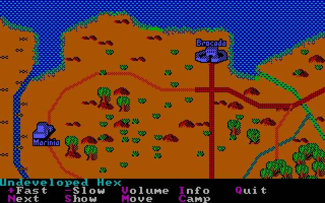 Sword of Aragon (DOS) screenshot: NW of World Map. Overlooking the cities of Marinia and Brocada.