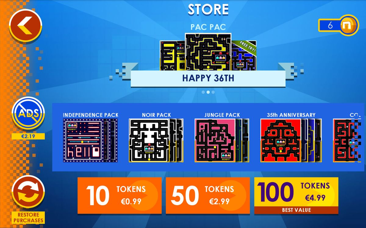 Pac-Man (Android) screenshot: In-app purchases to remove ads, buy new mazes and additional tokens.