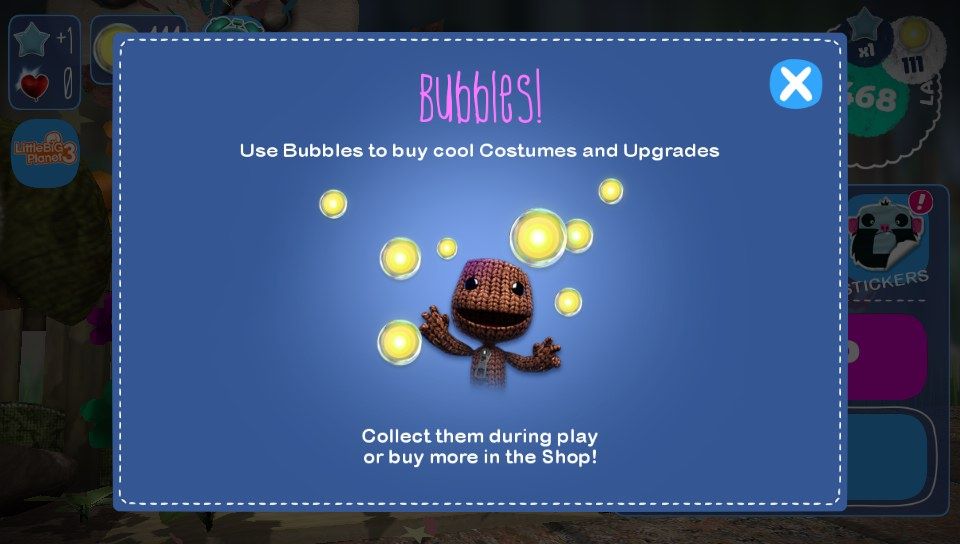 Run Sackboy! Run! (PS Vita) screenshot: Use bubbles to buy outfits and upgrades