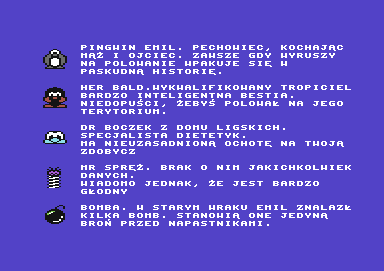 Arktyczne Polowanie (Commodore 64) screenshot: Help screen (in Polish)