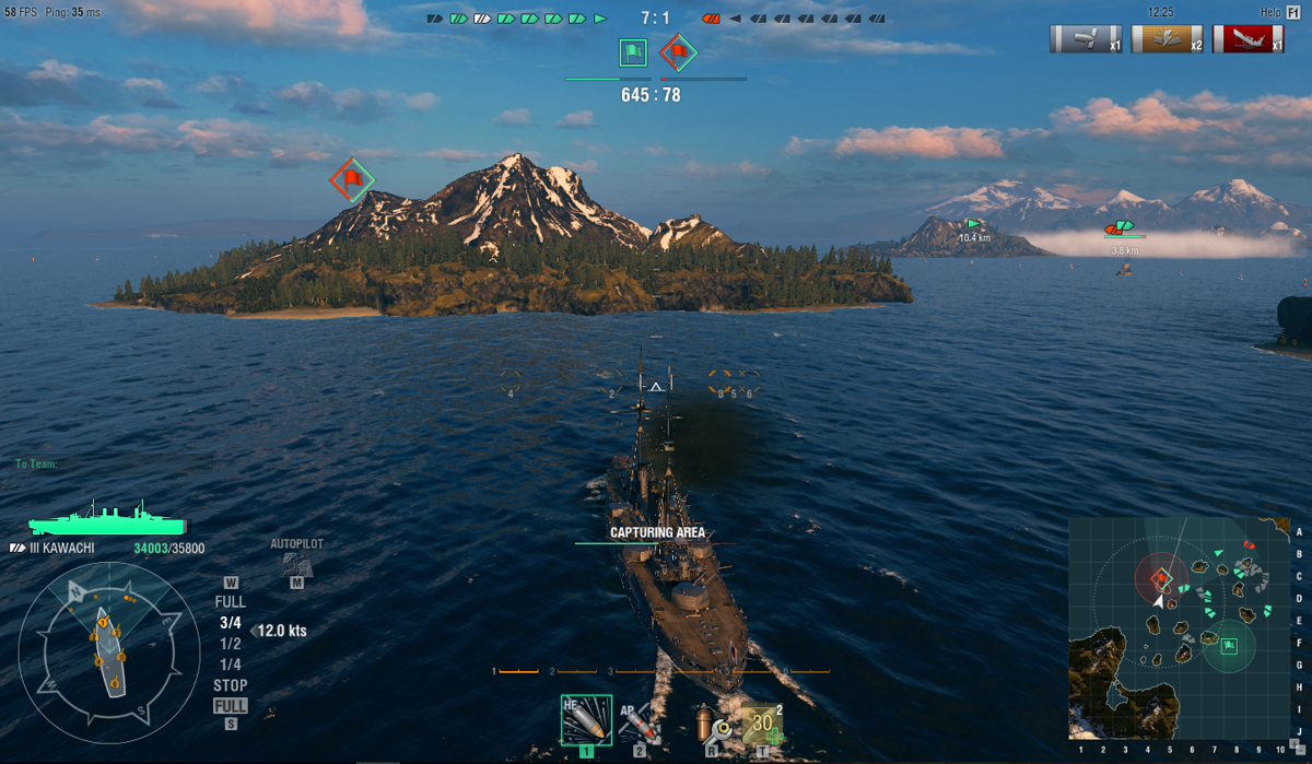 World of Warships (Windows) screenshot: Battles can be won by doing two things, destroying all enemies, or taking over their base, as i'm doing right now.