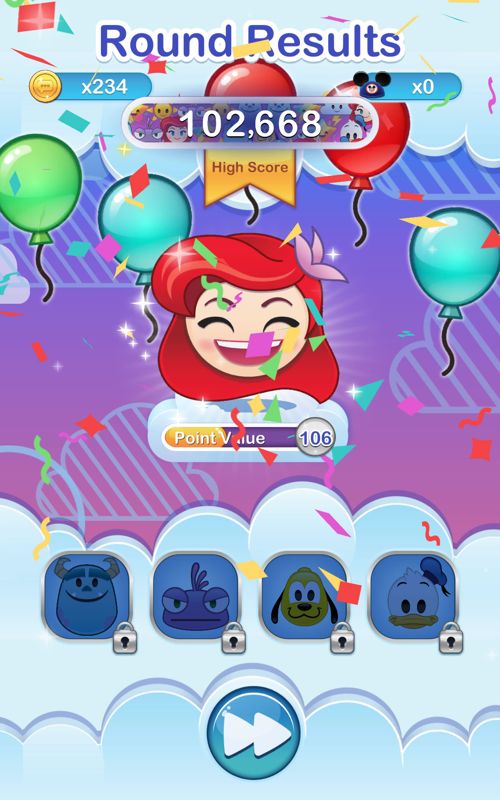 Disney Emoji Blitz (Android) screenshot: Level results. Using Ariel's power-up increases the point value.