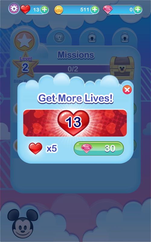 Disney Emoji Blitz (Android) screenshot: Gems are used to buy additional lives.