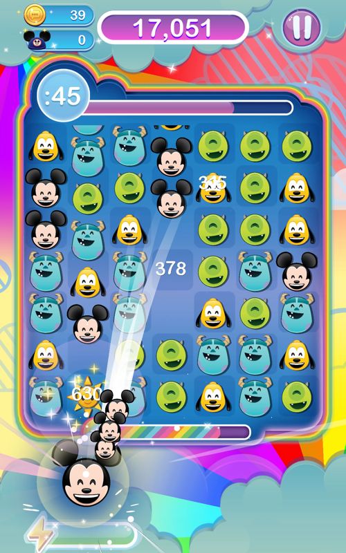 Disney Emoji Blitz (Android) screenshot: The Mickey emoji matches add to the power-up meter at the bottom.