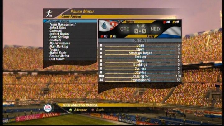 FIFA World Cup: Germany 2006 (Xbox 360) screenshot: Bring in the pause menu to change various options or to make a substitution.