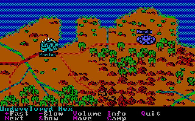 Sword of Aragon (DOS) screenshot: North of World Map. Overlooking the cities of Paritan and Nuralia.