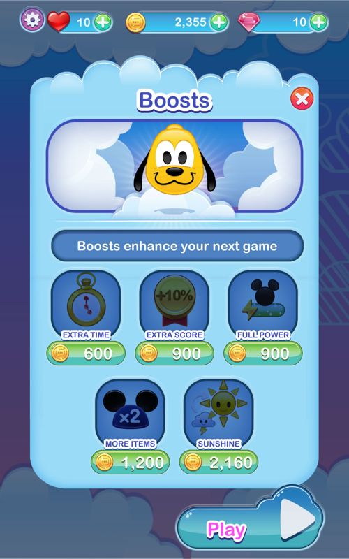 Disney Emoji Blitz (Android) screenshot: Use coins to activate one or more boosts before starting a new game.