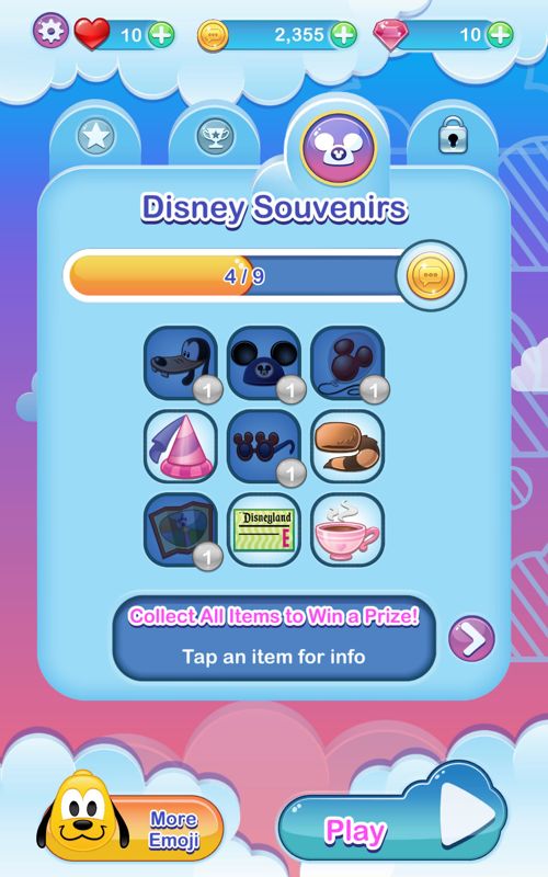 Disney Emoji Blitz (Android) screenshot: Progress for the Disney Souvenirs set