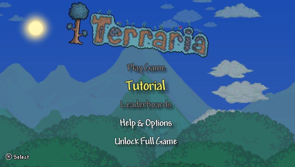 Terraria (PS Vita) screenshot: Main menu (Trial version)