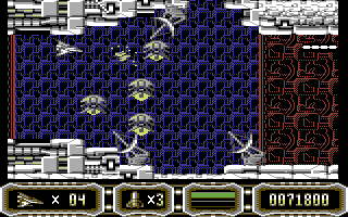 Enforcer: Fullmetal Megablaster (Commodore 64) screenshot: The radar dishes fire at regular intervals