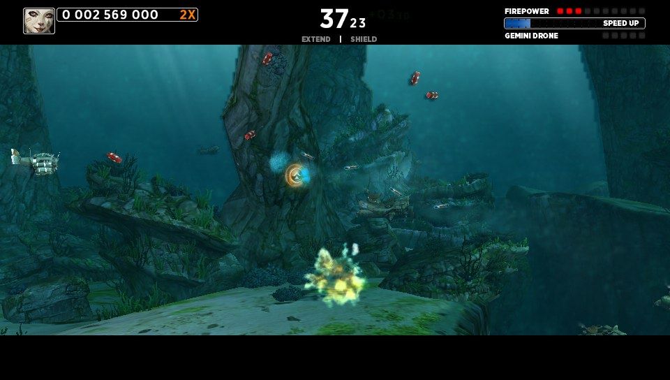 Sine Mora (PS Vita) screenshot: Watch out for explosive barrels tossed at you from the surface (Trial version)