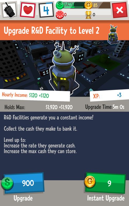 Ghostbusters: Slime City (Android) screenshot: Upgrade buildings to receive more revenue over time.