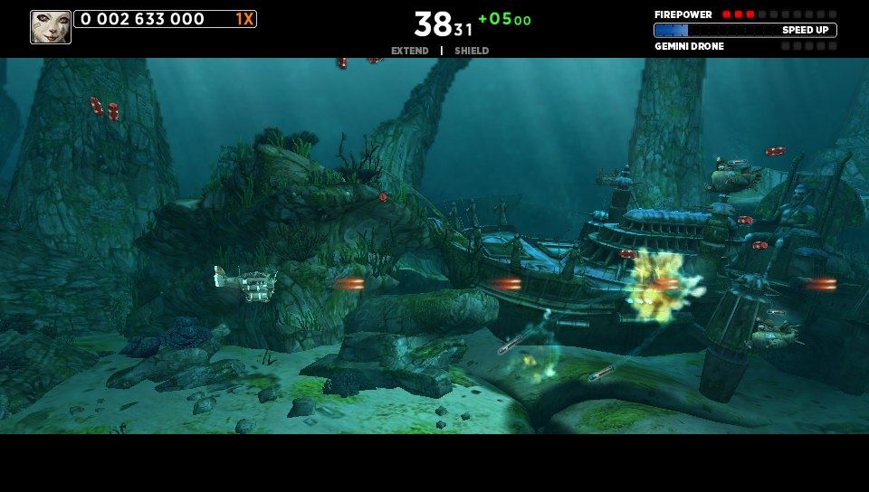 Sine Mora (PS Vita) screenshot: Fighting enemy mini-subs (Trial version)
