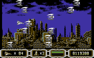 Enforcer: Fullmetal Megablaster (Commodore 64) screenshot: Lots of enemies...