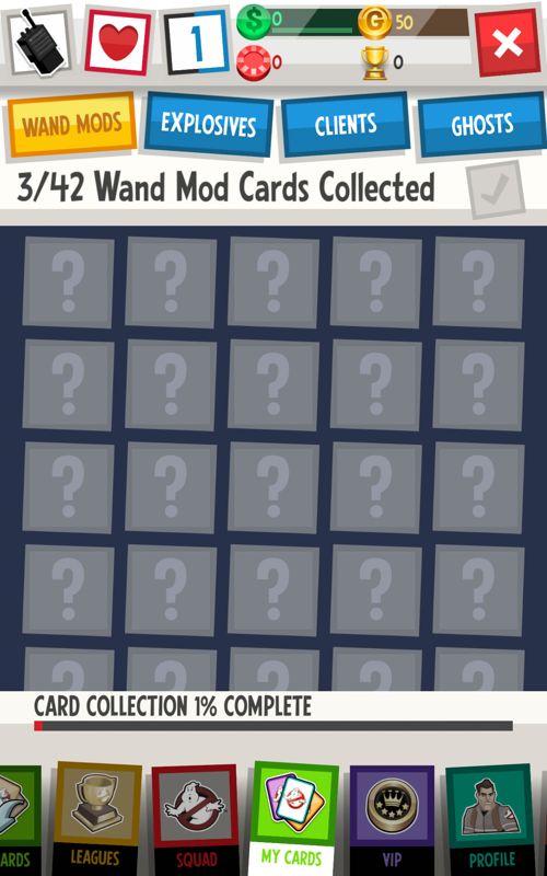 Ghostbusters: Slime City (Android) screenshot: Progress for collecting the Wand mod cards