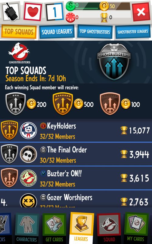 Ghostbusters: Slime City (Android) screenshot: The squad leaderboards