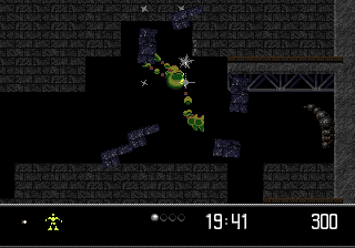 Vectorman 2 (Genesis) screenshot: Another dark area with destructible terrain